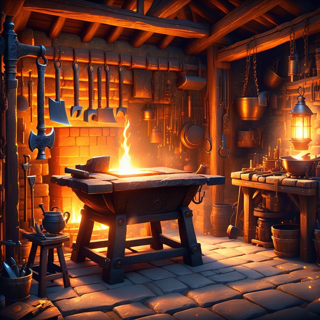 Blacksmith shop scene, highly detailed, medieval era, glowing forge, tools hanging on walls, anvil and hammer, warm lighting, rustic and rugged atmosphere, atmospheric smoke, intricate textures, realistic, 4K quality, fantasy elements