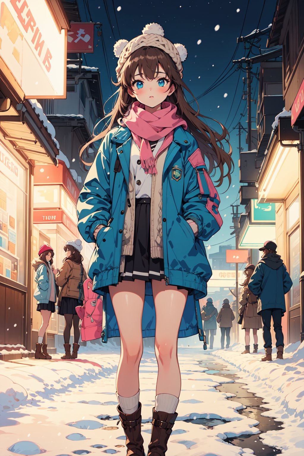 (((masterpiece))),best quality, illustration,beautiful detailed glow,
1girl, brown hair, long hair, blue eyes, pink woolen hat, beige scarf, cyan sweater, long windbreaker, leather skirt, woolen socks, brown boots, hands in pockets, night, snowing, under street lights,Retro