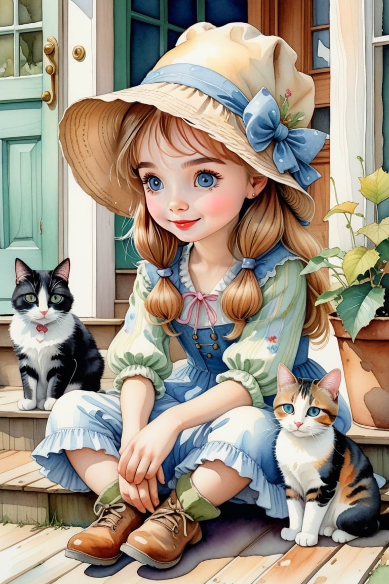 Holly Hobby's illustration, depicting a  girl in large bonnet, Sitting cross-legged on the ground, resting her face on her hands, looking at her cat and looking into the cat's eyes, against porch bg, watercolor, whimsical cheerful playful vibe, rustic charm and sense of nostalga, ultra detailed, thin lines, detailed