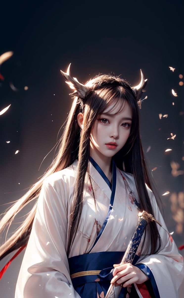 muelsyse (arknights),1girl, solo,hanfu,chinese clothes,splatter background, holding sword, best quality, amazing quality, very aesthetic, absurdres