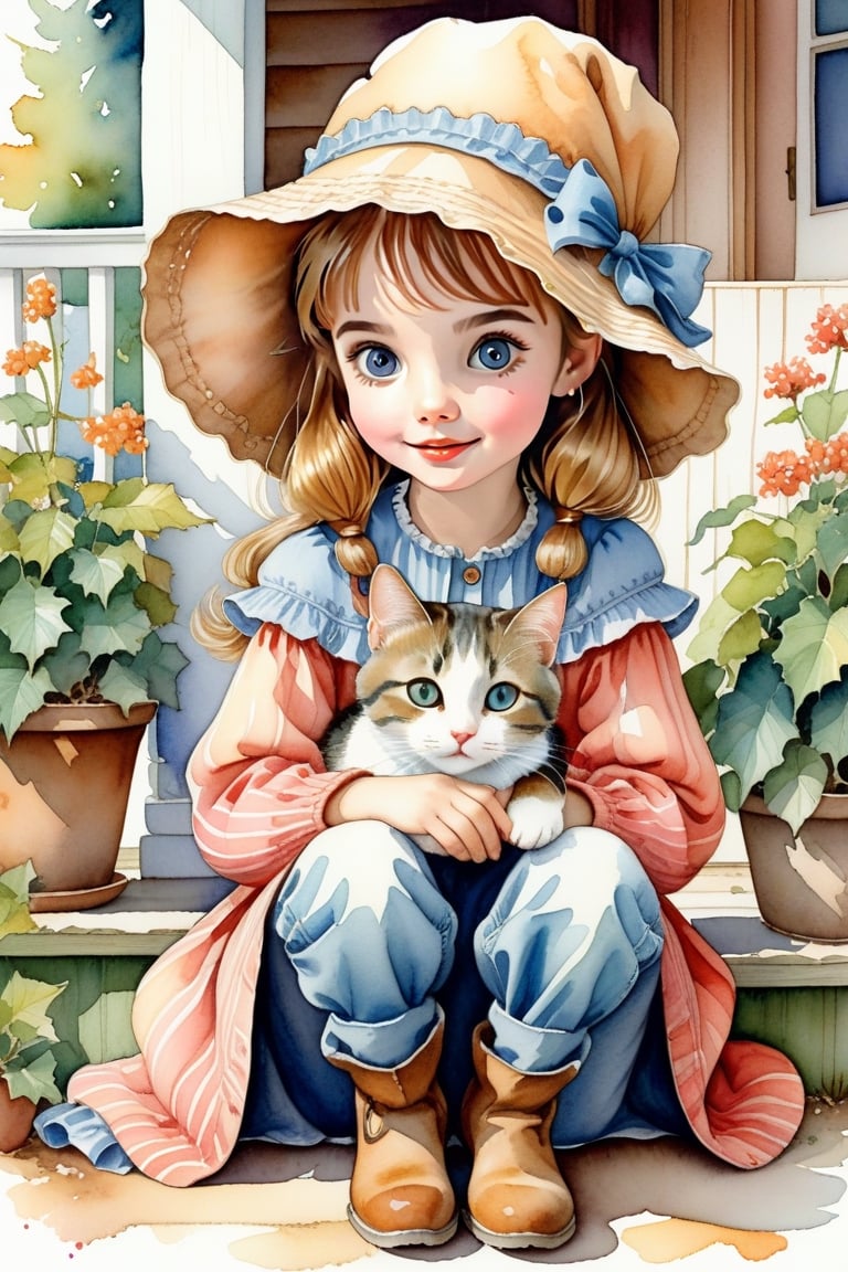 Holly Hobby's illustration, depicting a  girl in large bonnet, Sitting cross-legged on the ground, resting her face on her hands, looking at her cat and looking into the cat's eyes, against porch bg, watercolor, whimsical cheerful playful vibe, rustic charm and sense of nostalga, ultra detailed, thin lines, detailed