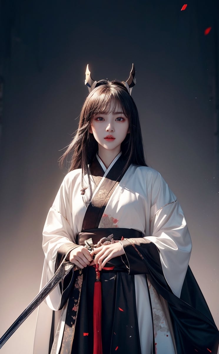 muelsyse (arknights),1girl, solo,hanfu,chinese clothes,splatter background, holding sword, best quality, amazing quality, very aesthetic, absurdres