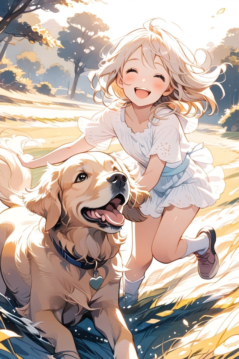 
Niña sonriendo y jugando con su perro golden retriever, lindo, anime