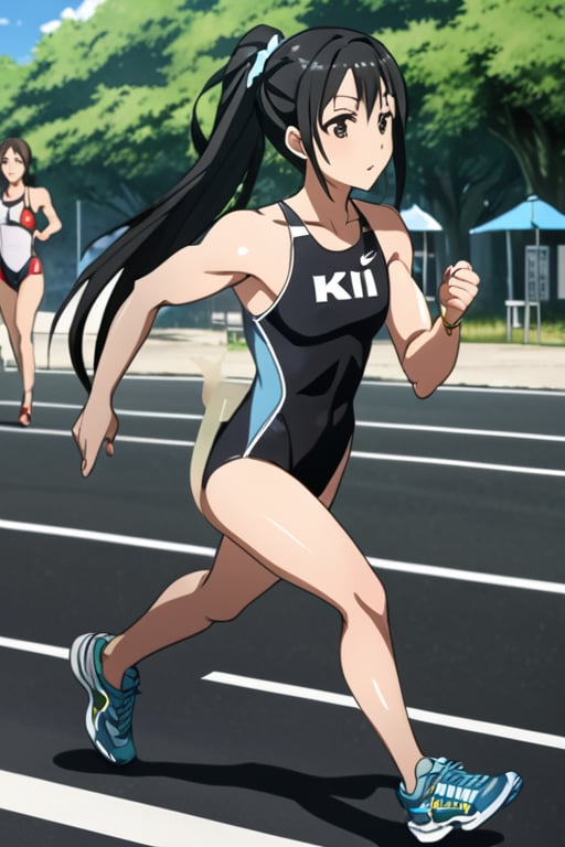 1girl, solo, anime style, a1 picture, sao anime, 4k quality, masterpiece, best quality, sword art online,  triathlon, Japanese triathlon, young girl, cute, yui, long hair, blunt bangs, hime cut, black hair, long hair, high ponytail, hair scrunchie, flat chest, bare legs, bare shoulder, muscular,  muscular female, bodybuilder, muscular, hyper muscles, muscular abs, muscular arms, muscular legs, muscular neck, muscular shoulders, muscular thighs, shiny skin, sweat, arena (company), competition swimsuit, one-piece swimsuit, black one-piece swimsuit, highleg swimsuit , clothes writing, skin tight,  nike (company), shoes, air max, sneakers, aqua footwear, clothes writing , tattoo, (number tattoo:0.5), shoulder tattoo, leg tattoo, Temporary Race Number, ((race number "15")), race bib, ((bib name "YUI")),  racerback, running, full body, facing away, running towards away, from side, running on road, negative_hand, easynegative, wide shot, paiyama, tree, real world location, scenery, outdoors, building, road, street, city, day