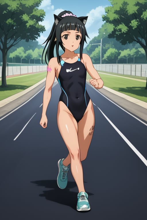 1girl, solo, anime style, a1 picture, sao anime, 4k quality, masterpiece, best quality, sword art online,  triathlon, Japanese triathlon, young girl, cute, yui, long hair, blunt bangs, hime cut, black hair, long hair, high ponytail, hair scrunchie, flat chest, bare legs, bare shoulder, muscular,  muscular female, bodybuilder, muscular, hyper muscles, muscular abs, muscular arms, muscular legs, muscular neck, muscular shoulders, muscular thighs, shiny skin, sweat, arena (company), competition swimsuit, one-piece swimsuit, black one-piece swimsuit, highleg swimsuit , clothes writing, skin tight,  nike (company), shoes, air max, sneakers, aqua footwear, clothes writing , tattoo, (number tattoo:0.5), shoulder tattoo, leg tattoo, Temporary Race Number, ((race number "15")), race bib, ((bib name "YUI")),  racerback, running, full body, facing away, running towards away, from side, running on road, negative_hand, easynegative, wide shot, paiyama, tree, real world location, scenery, outdoors, building, road, street, city, day, catgirl, animal_ears, cat_tails, cat_ears, source_anime, score_9,competitive swimsuit