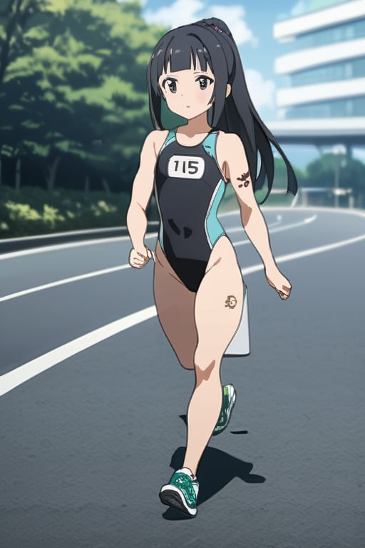 1girl, solo, anime style, a1 picture, sao anime, 4k quality, masterpiece, best quality, sword art online,  triathlon, Japanese triathlon, young girl, cute, yui, long hair, blunt bangs, hime cut, black hair, long hair, high ponytail, hair scrunchie, flat chest, bare legs, bare shoulder, muscular,  muscular female, bodybuilder, muscular, hyper muscles, muscular abs, muscular arms, muscular legs, muscular neck, muscular shoulders, muscular thighs, shiny skin, sweat, arena (company), competition swimsuit, one-piece swimsuit, black one-piece swimsuit, highleg swimsuit , clothes writing, skin tight,  nike (company), shoes, air max, sneakers, aqua footwear, clothes writing , tattoo, (number tattoo:0.5), shoulder tattoo, leg tattoo, Temporary Race Number, ((race number "15")), race bib, ((bib name "YUI")),  racerback, running, full body, facing away, running towards away, from side, running on road, negative_hand, easynegative, wide shot, paiyama, tree, real world location, scenery, outdoors, building, road, street, city, day