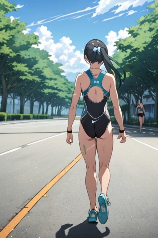 1girl, solo, anime style, a1 picture, sao anime, 4k quality, masterpiece, best quality, sword art online,  triathlon, Japanese triathlon, young girl, cute, yui, long hair, blunt bangs, hime cut, black hair, long hair, high ponytail, hair scrunchie, flat chest, bare legs, bare shoulder, muscular,  muscular female, bodybuilder, muscular, hyper muscles, muscular abs, muscular arms, muscular legs, muscular neck, muscular shoulders, muscular thighs, shiny skin, sweat, arena (company), competition swimsuit, one-piece swimsuit, black one-piece swimsuit, highleg swimsuit , clothes writing, skin tight,  nike (company), shoes, air max, sneakers, aqua footwear, clothes writing , tattoo, (number tattoo:0.5), shoulder tattoo, leg tattoo, Temporary Race Number, ((race number "15")), race bib, ((bib name "YUI")),  racerback, running, full body, facing away, running towards away, from behind, back, running on road, negative_hand, easynegative, wide shot, paiyama, tree, real world location, scenery, outdoors, building, road, street, city, day