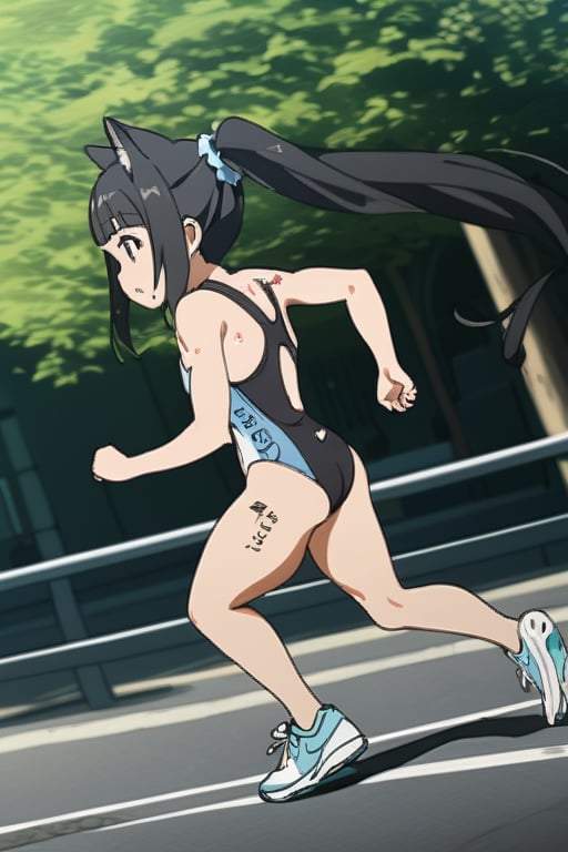 1girl, solo, anime style, a1 picture, sao anime, 4k quality, masterpiece, best quality, sword art online,  triathlon, Japanese triathlon, young girl, cute, yui, long hair, blunt bangs, hime cut, black hair, long hair, high ponytail, hair scrunchie, flat chest, bare legs, bare shoulder, muscular,  muscular female, bodybuilder, muscular, hyper muscles, muscular abs, muscular arms, muscular legs, muscular neck, muscular shoulders, muscular thighs, shiny skin, sweat, arena (company), competition swimsuit, one-piece swimsuit, black one-piece swimsuit, highleg swimsuit , clothes writing, skin tight,  nike (company), shoes, air max, sneakers, aqua footwear, clothes writing , tattoo, (number tattoo:0.5), shoulder tattoo, leg tattoo, Temporary Race Number, ((race number "15")), race bib, ((bib name "YUI")),  racerback, running, full body, facing away, running towards away, from side, running on road, negative_hand, easynegative, wide shot, paiyama, tree, real world location, scenery, outdoors, building, road, street, city, day, catgirl, animal_ears, cat_tails, cat_ears, source_anime, score_9