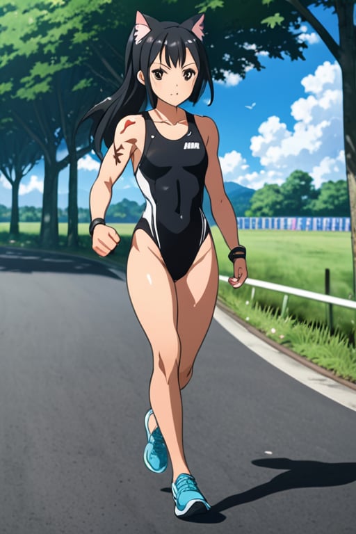 1girl, solo, anime style, a1 picture, sao anime, 4k quality, masterpiece, best quality, sword art online,  triathlon, Japanese triathlon, young girl, cute, yui, long hair, blunt bangs, hime cut, black hair, long hair, high ponytail, hair scrunchie, flat chest, bare legs, bare shoulder, muscular,  muscular female, bodybuilder, muscular, hyper muscles, muscular abs, muscular arms, muscular legs, muscular neck, muscular shoulders, muscular thighs, shiny skin, sweat, arena (company), competition swimsuit, one-piece swimsuit, black one-piece swimsuit, highleg swimsuit , clothes writing, skin tight,  nike (company), shoes, air max, sneakers, aqua footwear, clothes writing , tattoo, (number tattoo:0.5), shoulder tattoo, leg tattoo, Temporary Race Number, ((race number "15")), race bib, ((bib name "YUI")),  racerback, running, full body, facing away, running towards away, from side, running on road, negative_hand, easynegative, wide shot, paiyama, tree, real world location, scenery, outdoors, building, road, street, city, day, catgirl, animal_ears, cat_tails, cat_ears, source_anime, score_9,competitive swimsuit