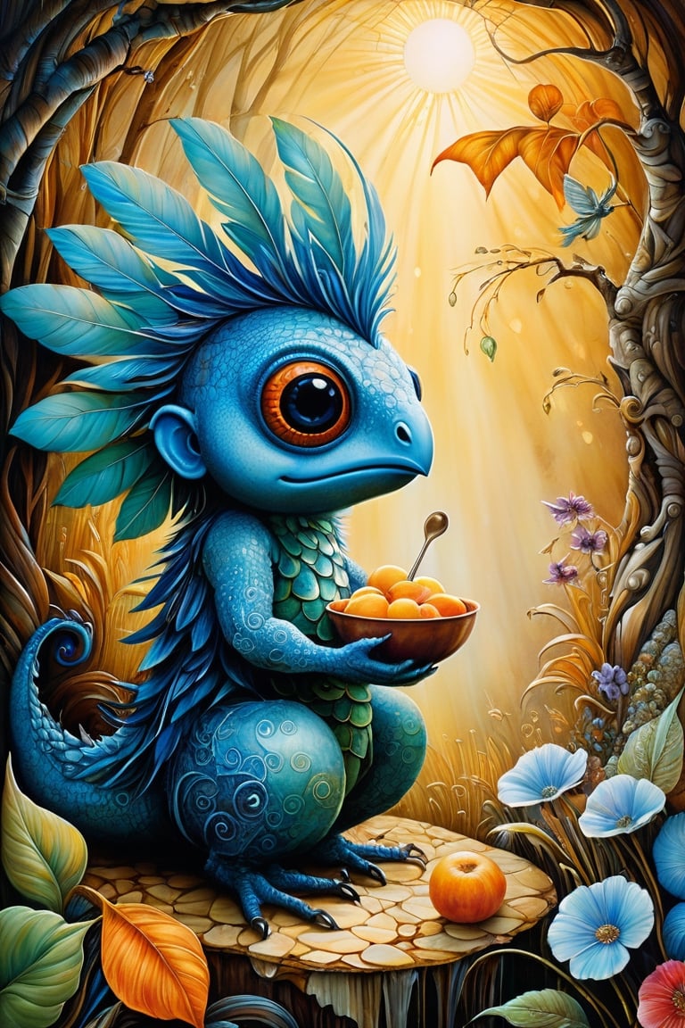 Art by Esao Andrews, Josephine Wall, Charlie Bowater, Mandy disher 
Miyazaki worlds, dreamy, romantic,   manga art , fairytale,  , ink painting, , detailed landscape ,  shadow play,  dynamic poster, close up Yokai feathered monster making breakfast on the kitchen, sunbeams, glittering, detailed textures,cute, adorable, vintage, art on a cracked paper, fairytale, patchwork, , storybook detailed illustration, cinematic, ultra highly detailed, tiny details, beautiful details, mystical, luminism, vibrant colors, complex background, 