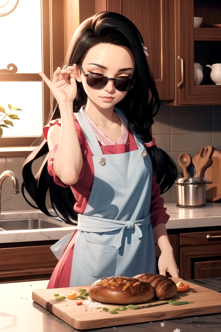 highly detailed, high Quality, masterpiece, nezuko, solo, SaltBaeMeme, salt, sunglasses, kitchen, food, terrible food, kitchen, kitchen apron, multi colour long hair