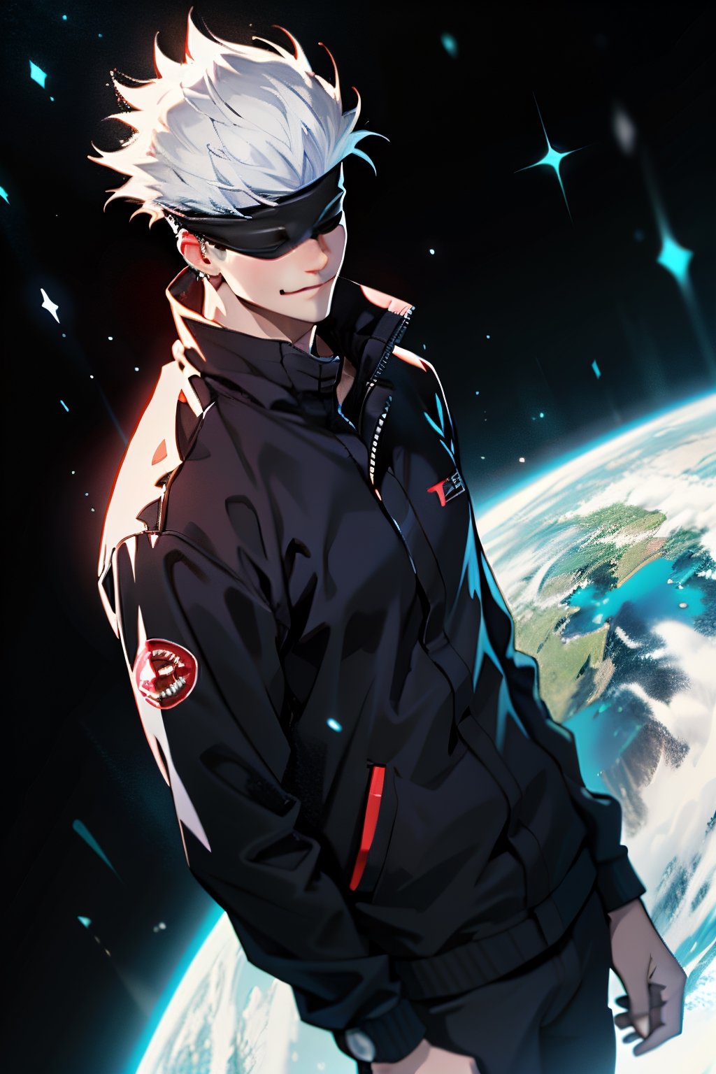 1boy, satoru gojo, blindfold, black jacket, white hair, standing, cowboy_shot, floating red energy sphere, floating blue energy sphere, smirk, black universe background, wallpaper, cinematic