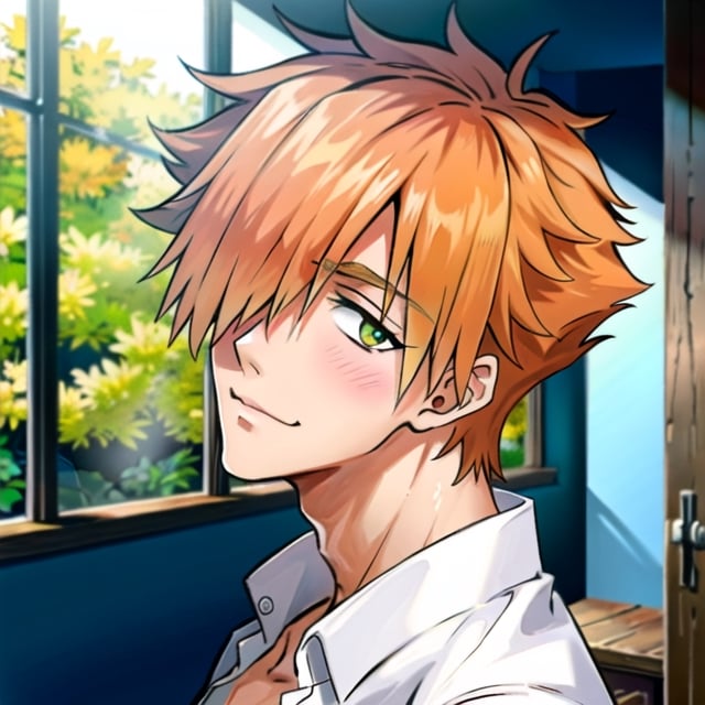 1guy, male, Robin Hood(Fate), ((solo)), (looking_at_viewer), blush, smile, (standing), from side,
short hair, orange hair, spiked hair, green_eyes, ((hair over one eye)), blouse,
upper_body, (indoors),
(perfect detailed face), ((clear face)), detailed eyes, ((clear details)), anime,
(highly detailed), masterpiece, ((best quality)),  illustrations,