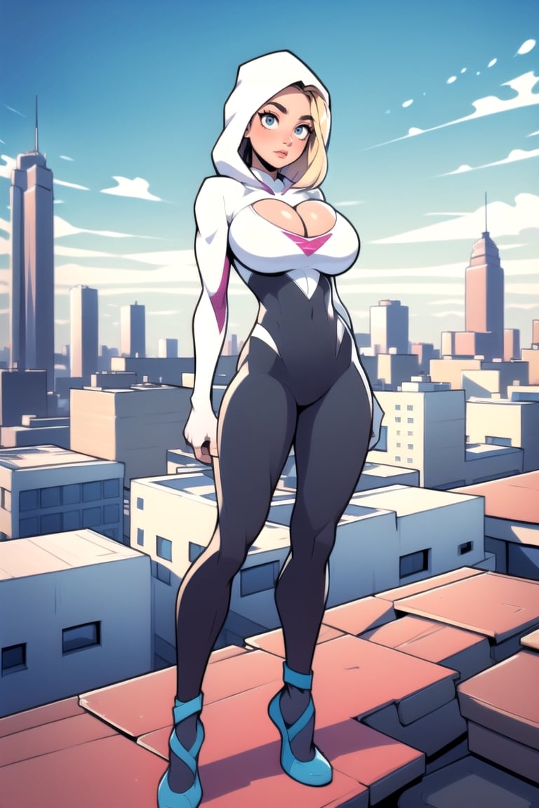 Masterpiece, Best Quality, perfect breasts, perfect face, perfect composition, UHD, 4k, ((1girl)), ((standing on a city roof)), surrounded by skyscrapers, busty woman, great legs, blonde hair, ((natural breasts)),gwen, bodysuit, web-print, ballet shoes, hood up, huge breasts, ((upper-torso shot)),