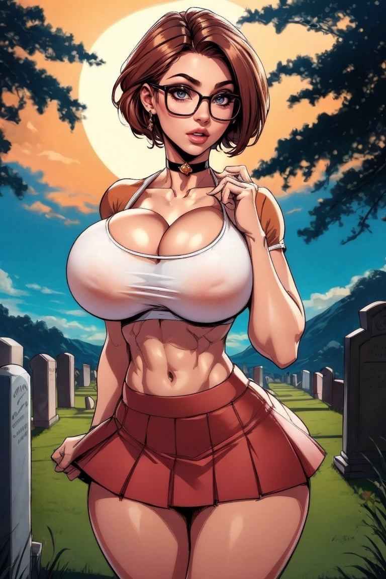 Masterpiece, Best Quality, perfect breasts, perfect face, perfect composition, perfect fingers, (((perfect hands))), ultra-detail, brown hair, short hair, ((thick rimmed square glasses)), ((large breasts)), sexy look, fitness figure, (orange top), ((short bright_red skirt)), (solo), choker, in a graveyard, full moon,highres,Busty_redhead,sexy fit body