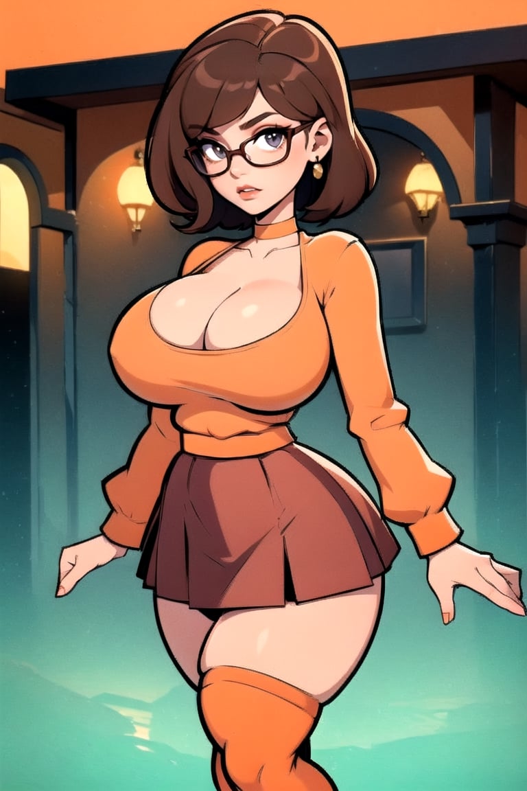 Masterpiece, Best Quality, perfect breasts, perfect face, perfect composition, UHD, 4k, ((1girl)), ((solo)), dark-brown eyes, (((short red skirt))), (((long-sleeve orange top))), in a gothic house, at night, busty woman, great legs, ((dark-brown hair)), shoulder-length hair, ((natural breasts)), (((thick rimmed glasses))), thigh high stockings, red lipstick,thepit, (cowboy shot),