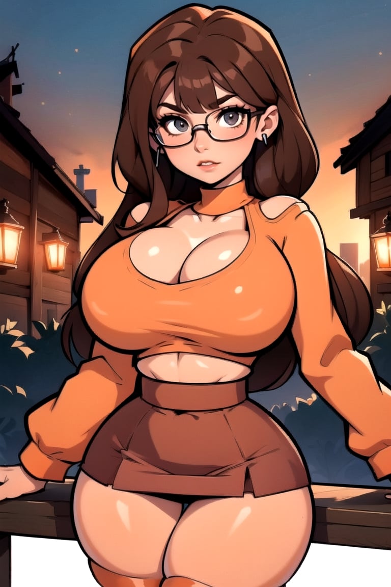 Masterpiece, Best Quality, perfect breasts, perfect face, perfect composition, UHD, 4k, ((1girl)), ((solo)), dark-brown eyes, (((short red skirt))), (((long-sleeve orange top))), in a gothic house, at night, busty woman, great legs, ((dark-brown hair)), shoulder-length hair, ((natural breasts)), (((thick rimmed glasses))), thigh high stockings, red lipstick,thepit, (cowboy shot),