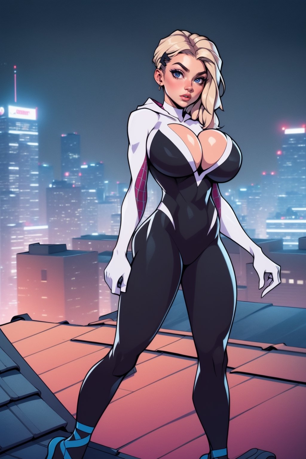 Masterpiece, Best Quality, perfect breasts, perfect face, perfect composition, UHD, 4k, ((1girl)), ((on a city roof)), at night, surrounded by skyscrapers, busty woman, great legs, blonde hair, ((natural breasts)),gwen, tight bodysuit, web-print, ballet shoes, hood down, huge breasts,