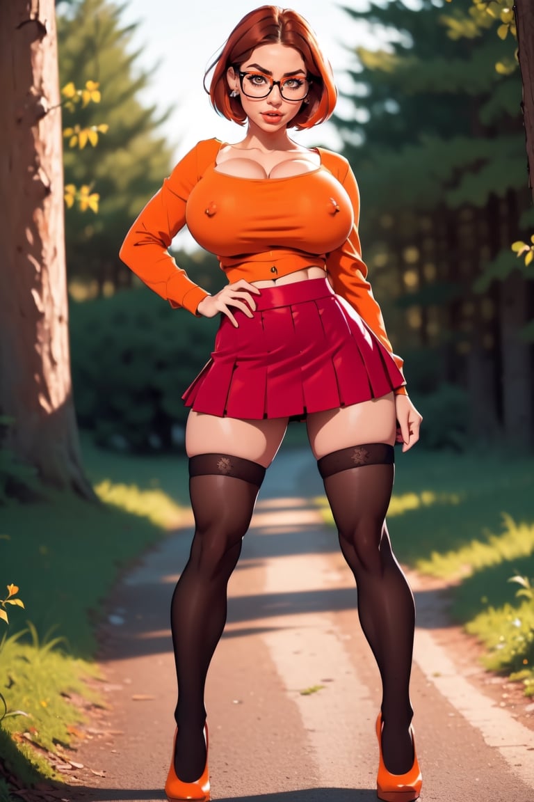 Masterpiece, Best Quality, perfect breasts, perfect face, perfect composition, UHD, 4k, (1girl), (((short red skirt))), (((long-sleeve orange  shirt))), in a forest, at night, busty woman, great legs, brown hair, short haircut, ((natural breasts)), ((square glasses)), ((black rimmed glasses)), thigh high stockings,