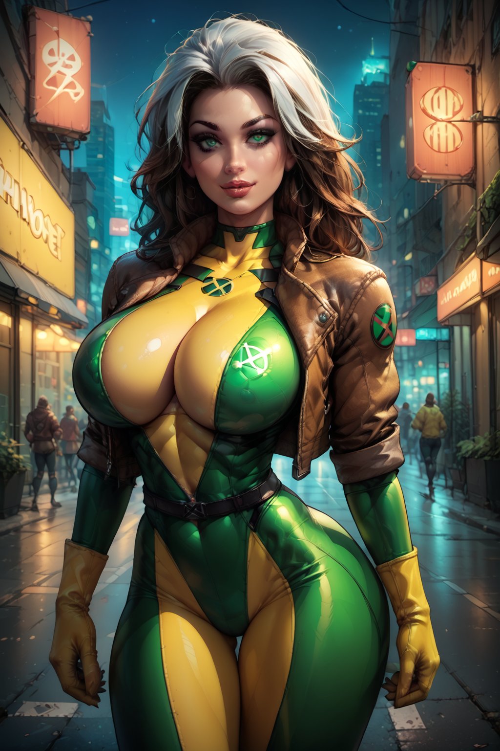 score_9, score_8_up, score_8, huge breasts, natural breasts, braless, narrow waist, sexy pose, in a city at night, 2d, cherrymousestreet, joey, rogue from the xmen, (green and yellow bodysuit, leather jacket),