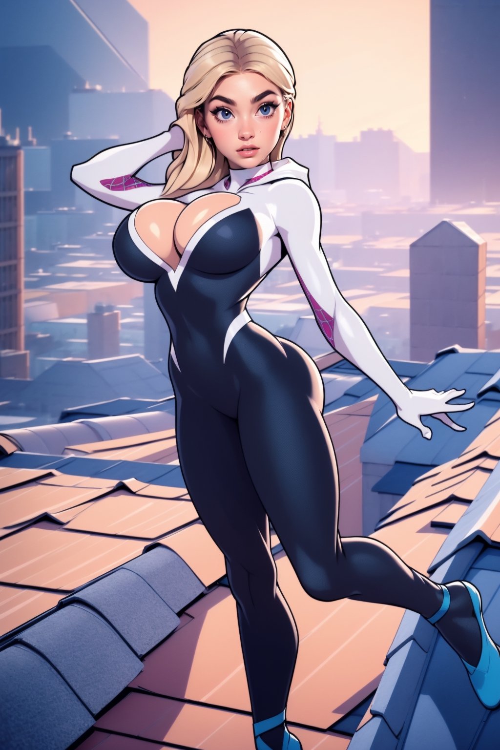 Masterpiece, Best Quality, perfect breasts, perfect face, perfect composition, UHD, 4k, ((1girl)), ((on a city roof)), at night, surrounded by skyscrapers, busty woman, great legs, blonde hair, ((natural breasts)),gwen, tight bodysuit, web-print, ballet shoes, hood down, huge breasts,