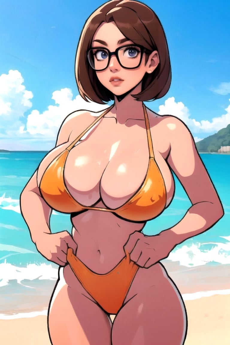 Masterpiece, Best Quality, orange swimsuit, at the beach. cleavage , brown hair, long bob hair cut, wet hair, ((thick rimmed square glasses)), ((large breasts)), perfect breasts, perfect face, perfect composition, ultra-detail, sultry expression, slim hourglass figure ,thepit, (cowboy shot),MADGIO,mssstyle