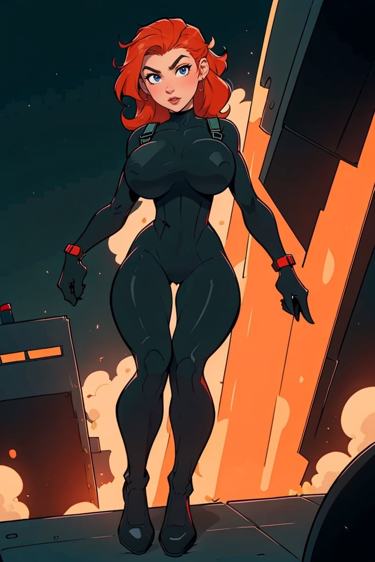 Masterpiece, Best Quality, perfect breasts, perfect face, perfect composition, UHD, 4k, ((1girl)), Kim possible, (((skin-tight black spy bodysuit,))), on a rooftop at night, dodging red security lazers, busty woman, great legs, red hair, ((natural breasts)),highres, ((large breasts)),