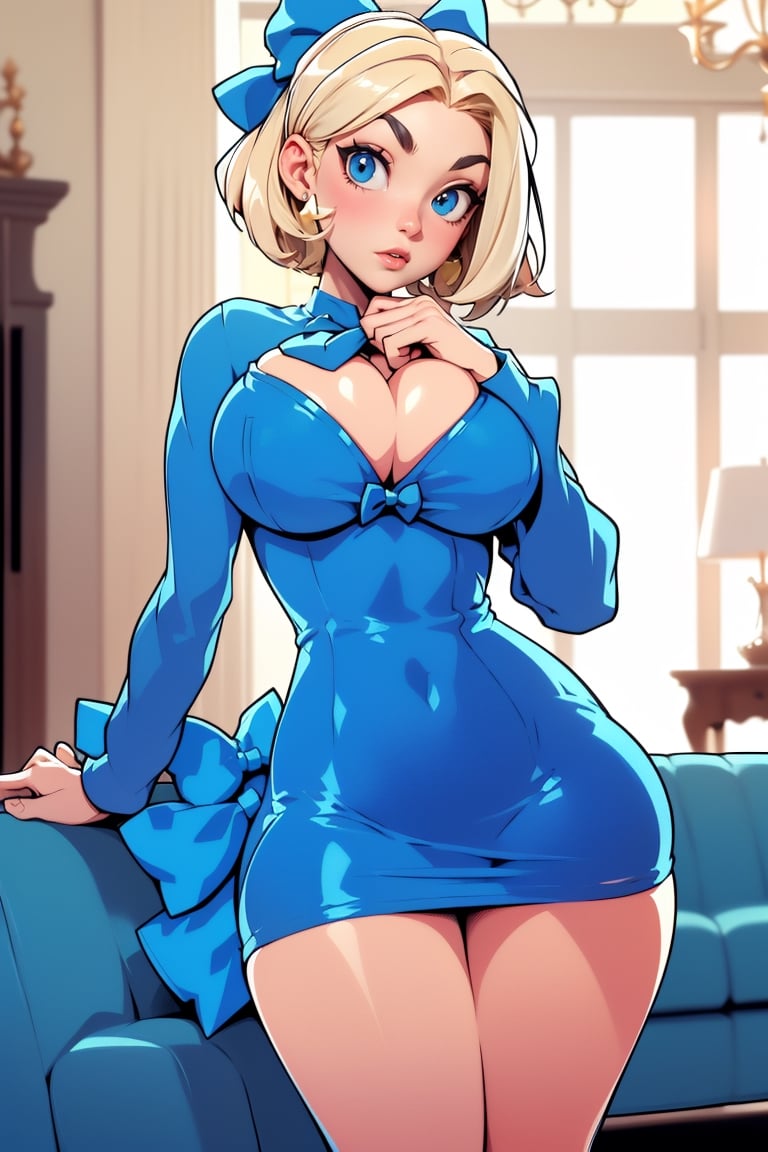 Masterpiece, Best Quality, perfect breasts, perfect face, perfect composition, UHD, 4k, ((1girl)), (((short blue dress, long sleeves))), ((in living room)), busty woman, great legs, ((blonde hair)), ((short hair)), ((blue bow in hair)), ((natural breasts)), maggie Simpson,