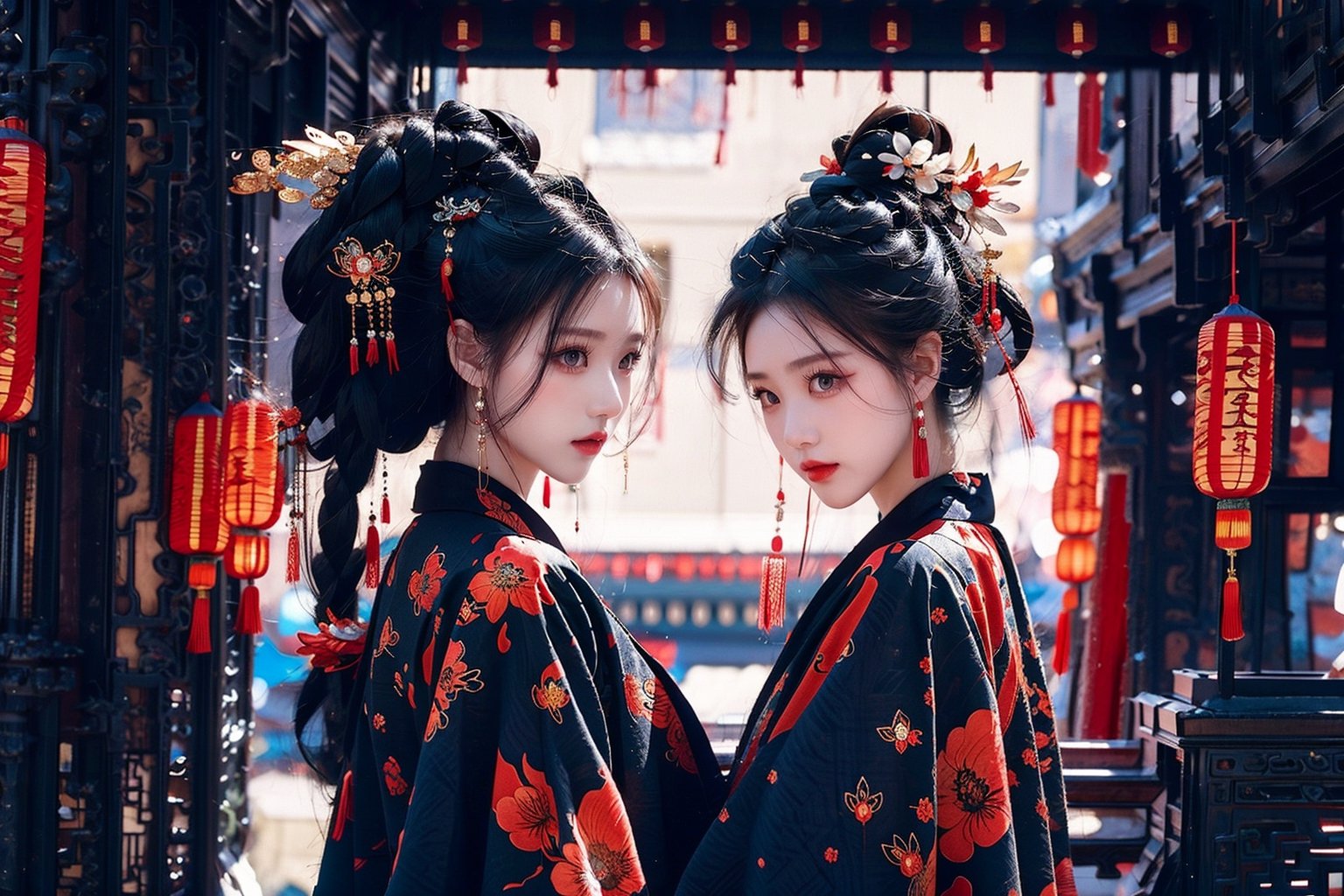 2 girls,Embrace,Smile, long hair, black hair, hair ornament, long sleeves, dress, holding, jewelry, standing, full body, flower, earrings, hair flower, wide sleeves, necklace, tree, petals, chinese clothes, letterboxed, cherry blossoms, tassel, hand fan, folding fan, holding fan, perfect detailed hands, realistic fingers, hanfu, ancient_beautiful,perfect,hand,More Detail,japanese art,(Extremely detailed CG unified 8k wallpaper), ,More Detail,yunjindef,horse penis,snow_crystal_background,Perfect Anything,Fairy in Clouds,better_hands,4girls,AF,Realistic,bzsohee,dudou, chinese camisole,guofeng,Chinese Clothes