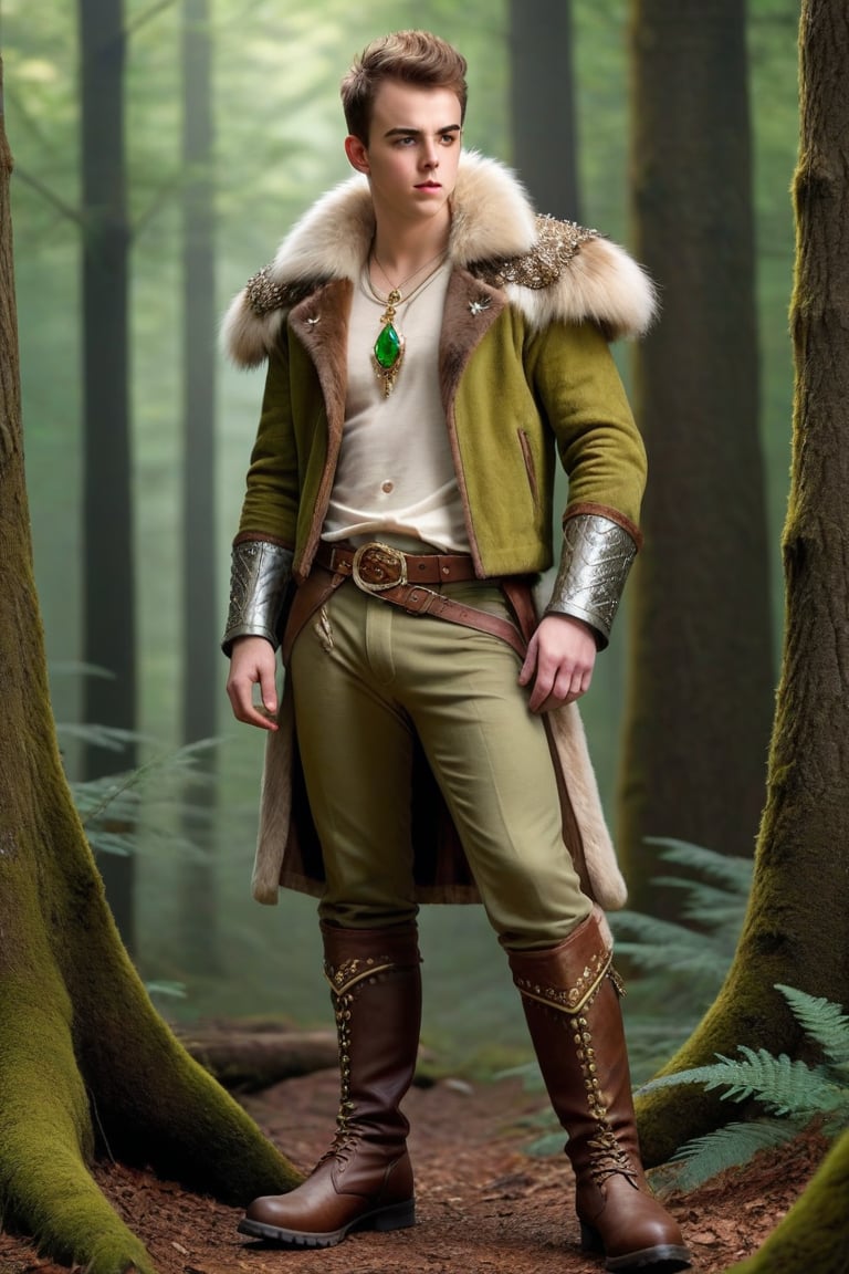 High fantasy, realistic, one male, teenager, standing, hirsute, Sean Murray, Mohawk, brown hair, light brown eyes, lean, primitive, silver crown, fur jacket, bone sleeves, green linen shirt, olive linen pants, magic gems amulets, bone bracers, bone boots no laces, crotch bulge, big crotch, shoulder bone spikes, boot bone spikes, bone decoration, forest, hairy chest, hairy male, hairy arms, hairy legs, hairy groin, hairy belly, hairy armpit, hairy, whole body shot, detail, high detail