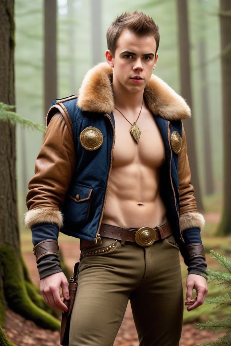 one male, teenager, standing, hirsute, Sean Murray, shaved, Mohawk, brown hair, light brown eyes, lean, lean muscles, primitive, fur jacket, olive pants, magic amulets, fur bracers, fur boots no laces, crotch bulge, big crotch, vest bone spikes, boot bone spikes, bone decoration, forest, hairy chest, hairy male, hairy arms, hairy legs, hairy groin, hairy belly, hairy armpit, hairy, whole body shot, detail, high detail