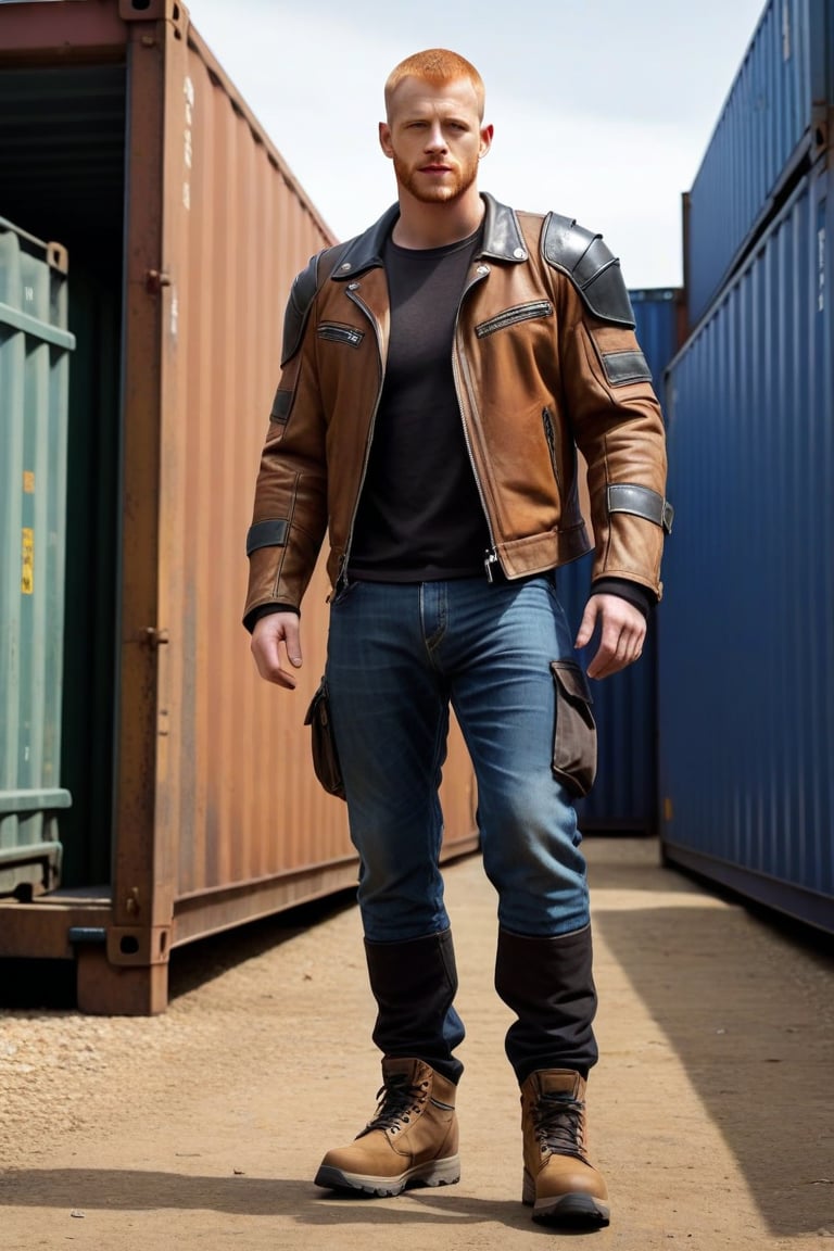 post-apocalyptic armor, leather jacket, bone shoulders, bone sleeves, blue jeans, codpiece, black hiking shoes, actor Daniel Newman, light ginger hair, buzz cut, brown eyes, clean shaven, alpha male, cargo containers, CONCEPT CHARACTER,REALISTIC,SDXL 1.0,MODEL,MALE,LegendDarkFantasy