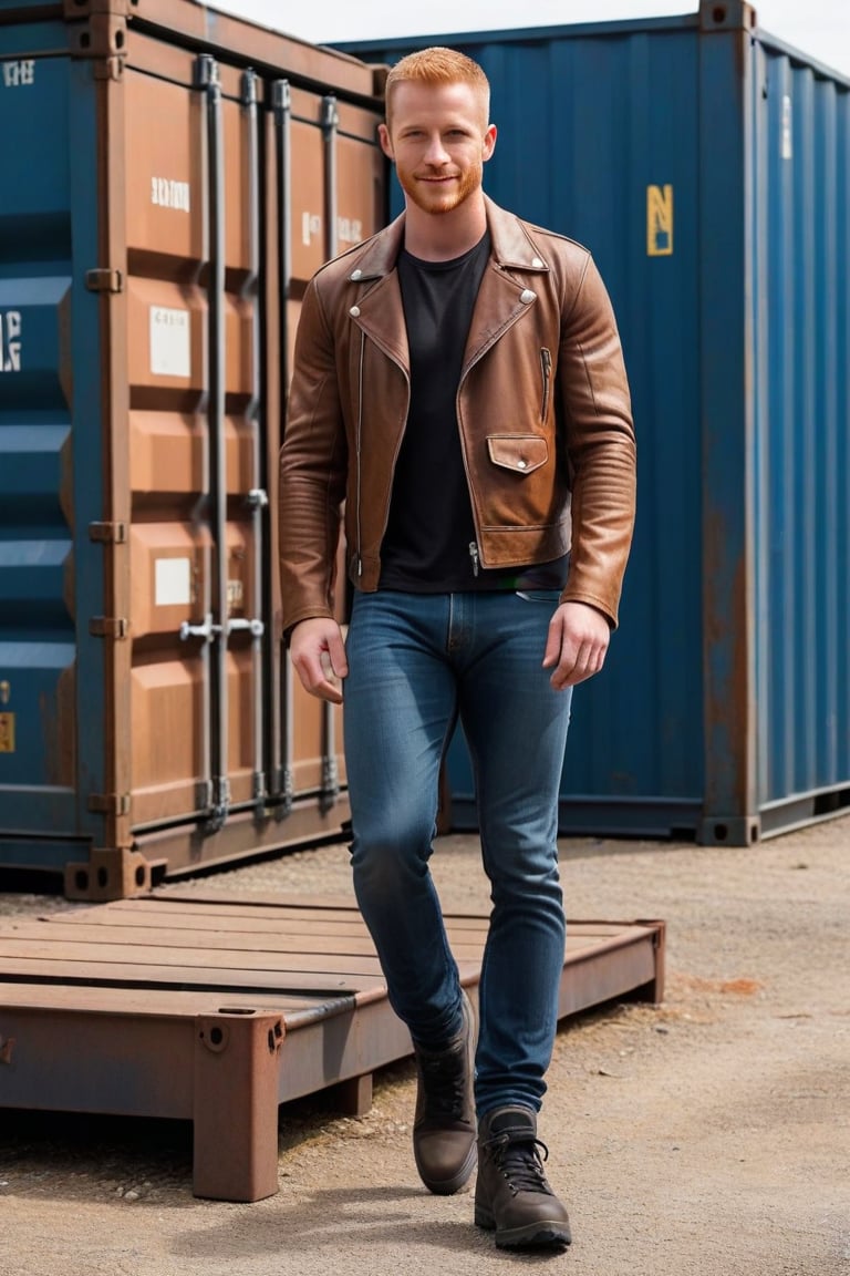 post-apocalyptic leather jacket, bone shoulders, bone sleeves, tight white tee shirt, blue jeans, black hiking shoes, actor Daniel Newman, light ginger hair, buzz cut, brown eyes, clean shaven, alpha male, jeans bulge, big crotch, shipping containers, late 30s, smirk 