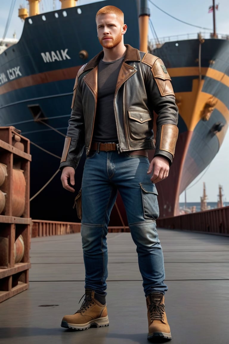 post-apocalyptic armor, leather jacket, shoulders bones decoration, arms bones decorations, blue jeans, codpiece, black hiking shoes, actor Daniel Newman, light ginger hair, buzz cut, brown eyes, alpha male, cargo ship, docks ,CONCEPT CHARACTER,REALISTIC,SDXL 1.0,MODEL,MALE,LegendDarkFantasy