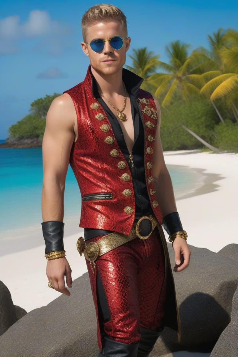 Rick Cosnett as a pirate,  a young very hairy man with facial scruff and hairy chest and hairy arms and legs especially ha...
