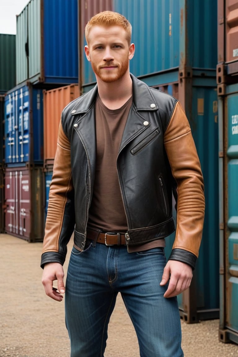 post-apocalyptic armor, leather jacket, bone shoulders, bone sleeves, blue jeans, black hiking shoes, actor Daniel Newman, light ginger hair, buzz cut, brown eyes, clean shaven, alpha male, jeans bulge, big crotch, shipping containers, late 30s, smirk 