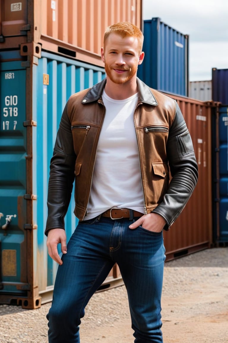 post-apocalyptic leather jacket, bone shoulders, bone sleeves, tight white tee shirt, blue jeans, black hiking shoes, actor Daniel Newman, light ginger hair, buzz cut, brown eyes, clean shaven, alpha male, jeans bulge, big crotch, big bulge, jutting crotch, shipping containers, late 30s, smirk 