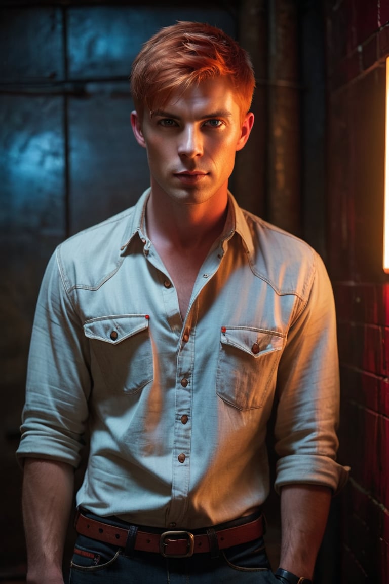 One man, masculine body type, Handsome face, copper crew cut, glowing red eyes, open canvas shirt, undershirt, jeans, tall, copper hair, young, Ian McCulloch, dark, nondescript room