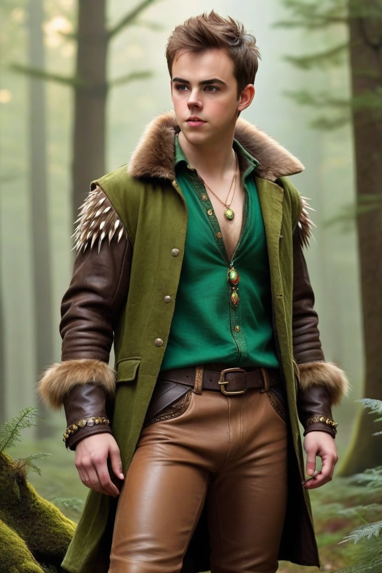 High fantasy, realistic, one male, teenager, standing, hirsute, Sean Murray, Mohawk, brown hair, light brown eyes, lean, primitive, fur jacket, leather sleeves, green linen shirt, olive linen pants, magic gems amulets, fur bracers, fur boots no laces, crotch bulge, big crotch, shoulder bone spikes, boot bone spikes, bone decoration, forest, hairy chest, hairy male, hairy arms, hairy legs, hairy groin, hairy belly, hairy armpit, hairy, whole body shot, detail, high detail