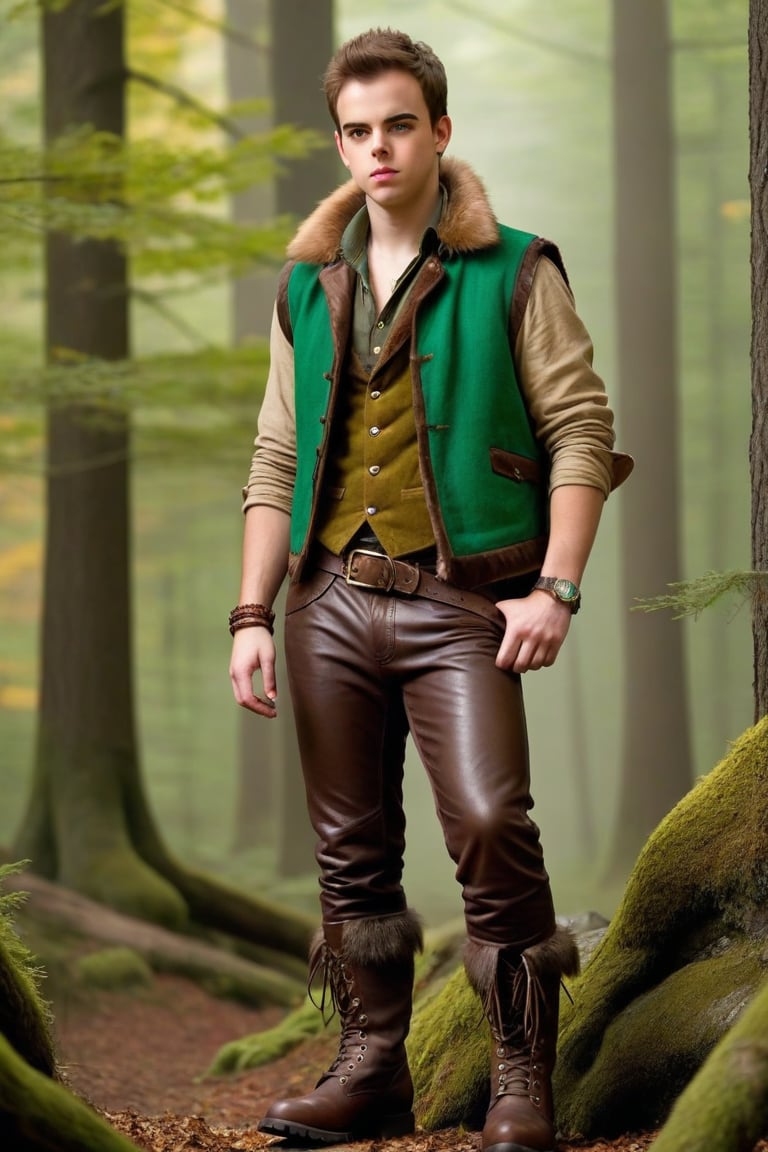 one male, teenager, standing, hirsute, Sean Murray, Mohawk, brown hair, light brown eyes, lean, primitive, fur jacket, leather sleeves, green linen shirt, olive leather pants, magic amulets, fur bracers, fur boots no laces, crotch bulge, big crotch, vest bone spikes, boot bone spikes, bone decoration, forest, hairy chest, hairy male, hairy arms, hairy legs, hairy groin, hairy belly, hairy armpit, hairy, whole body shot, detail, high detail