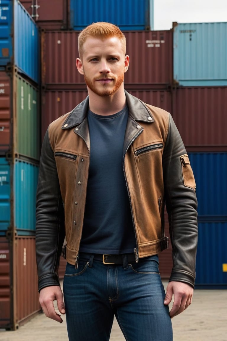 post-apocalyptic leather jacket, bone shoulders, bone sleeves, blue jeans, black hiking shoes, actor Daniel Newman, light ginger hair, buzz cut, brown eyes, clean shaven, alpha male, jeans bulge, big crotch, shipping containers, late 30s, smirk 