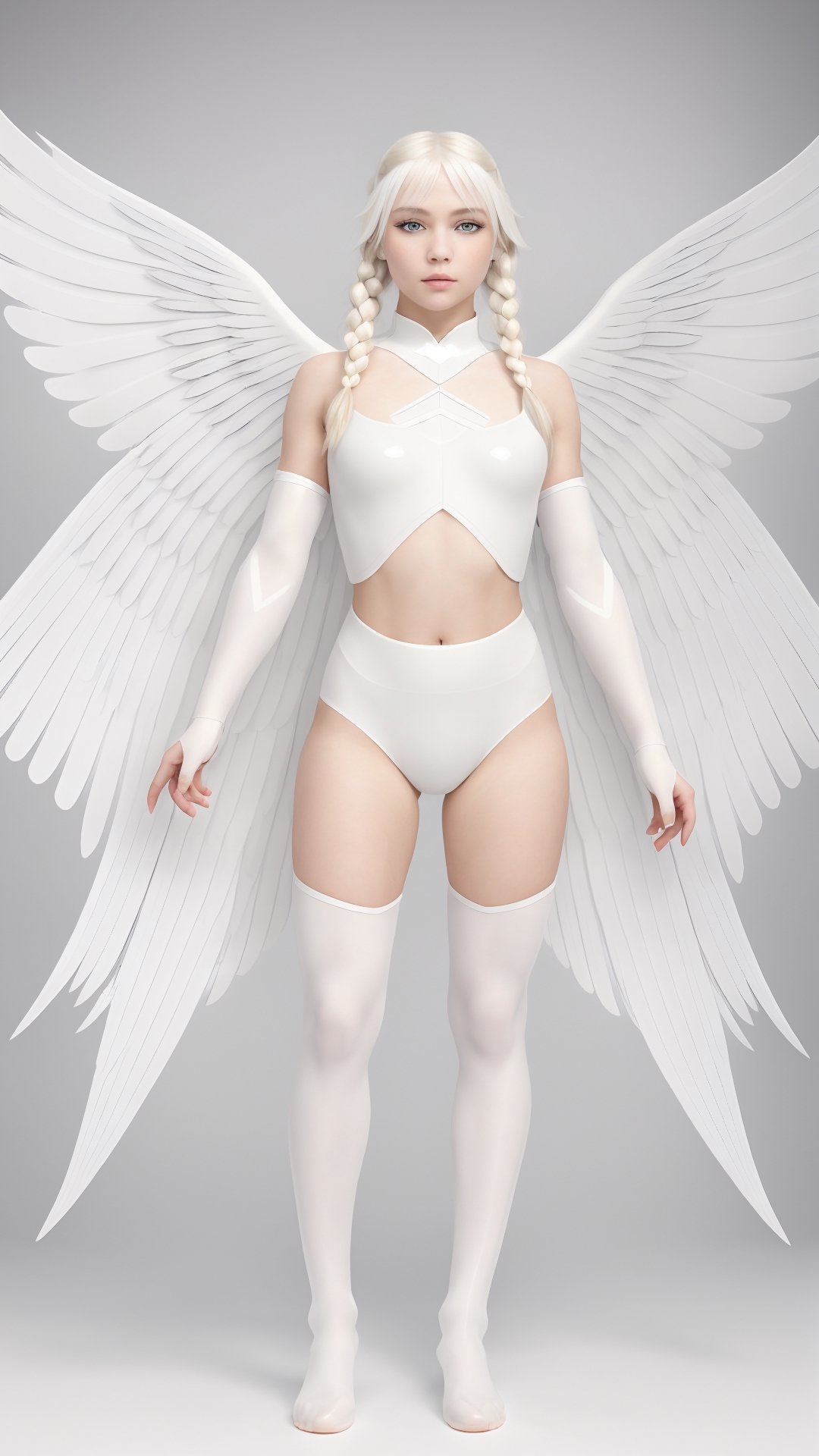 1 girl, (mastery), fully armed Valkyrie, albino angel girl, sleepy smoky eyes, long flowing transparent white hair, (white braid), narrow pupils, very good figure, white tights, ( Long and complex wings: 1.2), divine light descends, The best quality, the highest quality, extremely detailed CG unified 8k wallpaper, detailed and complex, , steampunk style, glass elements