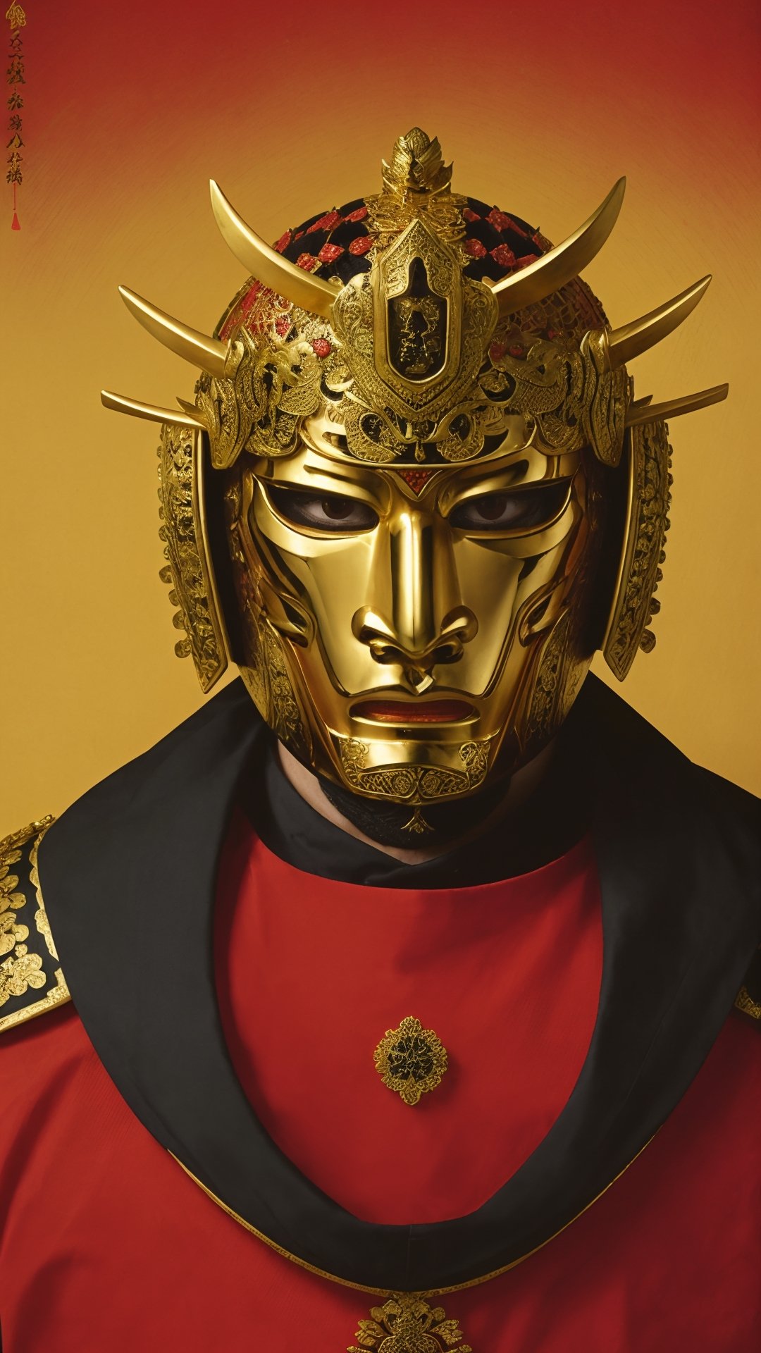 A fierce samurai stands clad in intricately crafted traditional armor adorned with golden accents. The imposing red demon mask, meticulously designed with expressive features, adds a touch of ominous charm to the warrior's countenance. The helmet, highlighted by an elaborate golden front crest, exudes a sense of regality and strength. The artist skillfully employs bold brushstrokes to depict the samurai, conveying both the fine details of the armor and the dynamic energy of the scene.,Movie Poster,japanese art