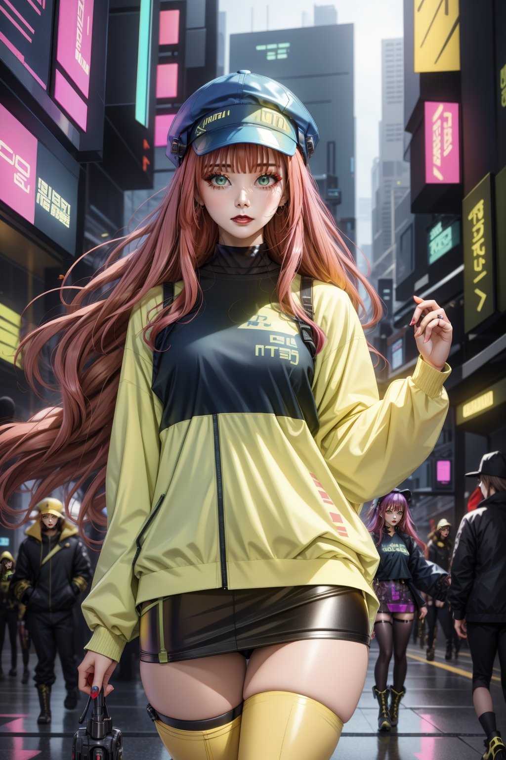 cyber punk style,Beautiful woman wearing a hat,cowboys,long hair、Yellow cyberpunk-style shorts, Red pantyhose , The miniskirt is blue, green eyes, red lips, brown boots, long wavey hair,scandal rina