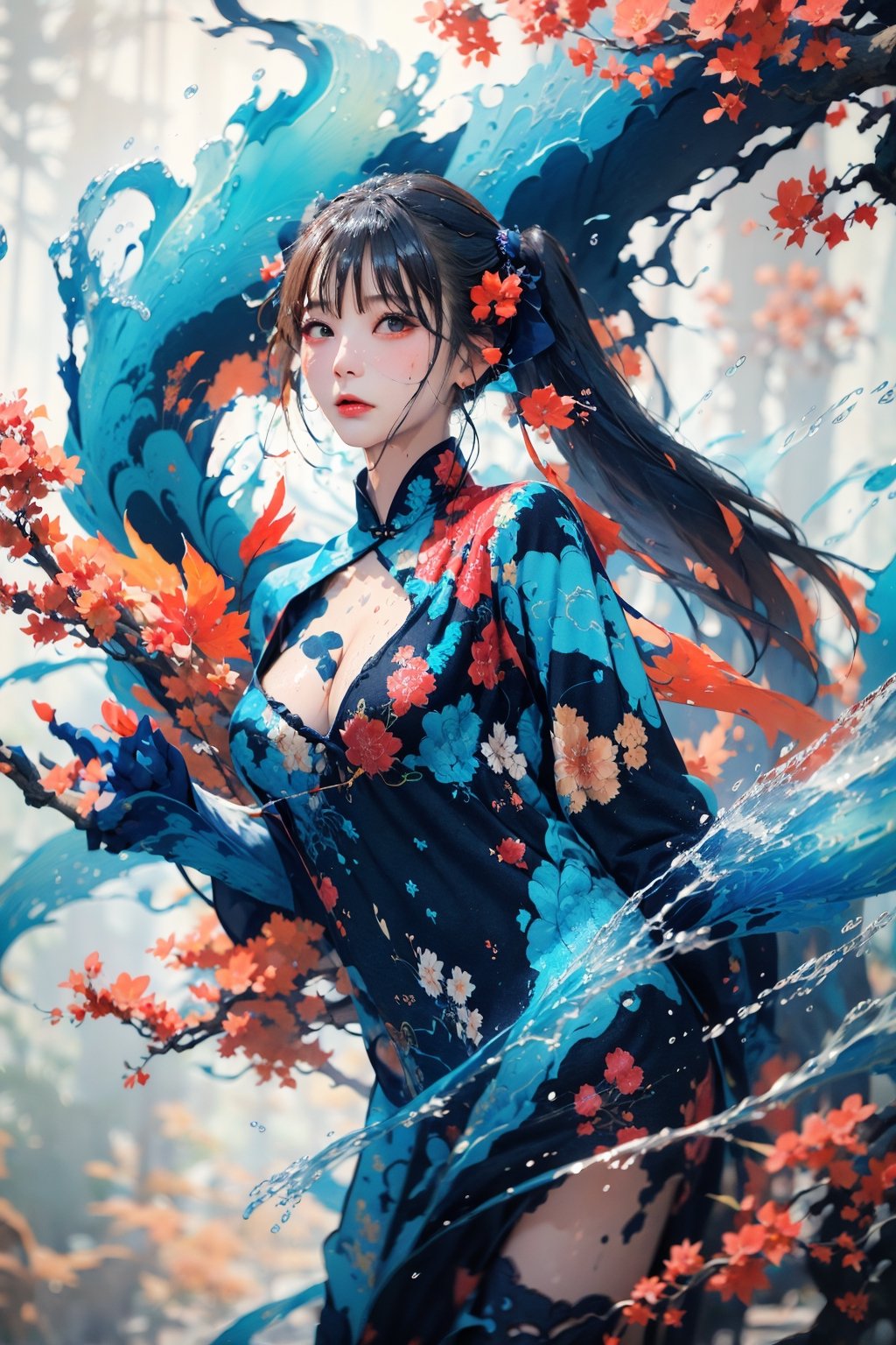 8k, (absurdres, highres, ultra detailed), (1 girl:1.3), twintails,  half nude, cleavage, sexy pose, EpicArt,Chinese ink paint, ((colorful water inkSpot)) ,Chinese style, burgundy-blue theme, full body,chinese_clothes,ink splash,scandal mami,Chinese ink painting,splash00d,scandal rina