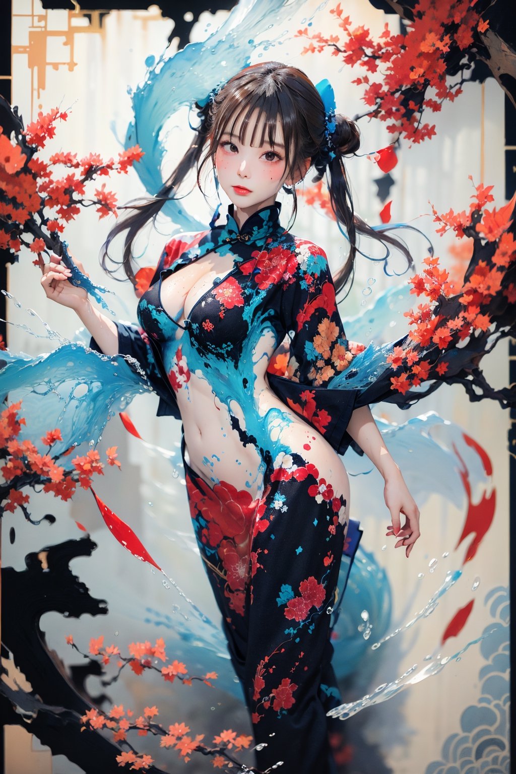 8k, (absurdres, highres, ultra detailed), (1 girl:1.3), twintails,  half nude, cleavage, sexy pose, EpicArt,Chinese ink paint, ((colorful water inkSpot)) ,Chinese style, burgundy-red theme, full body,chinese_clothes,ink splash, Chinese ink painting,splash00d,scandal rina