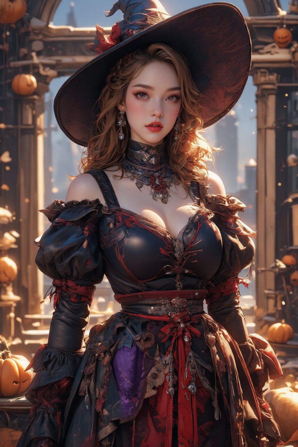 busty and sexy girl, 8k, masterpiece, ultra-realistic, best quality, high resolution, high definition, halloween, witch dress, witch hat, pumpkins, Victorian fashion, Rococo fashion, black corset with red ribbon lacing, purple lace details on the sleeves, Puffed sleeves, ornate flower frame background, historical vibe, historical fashion with fantasy elements,lolita