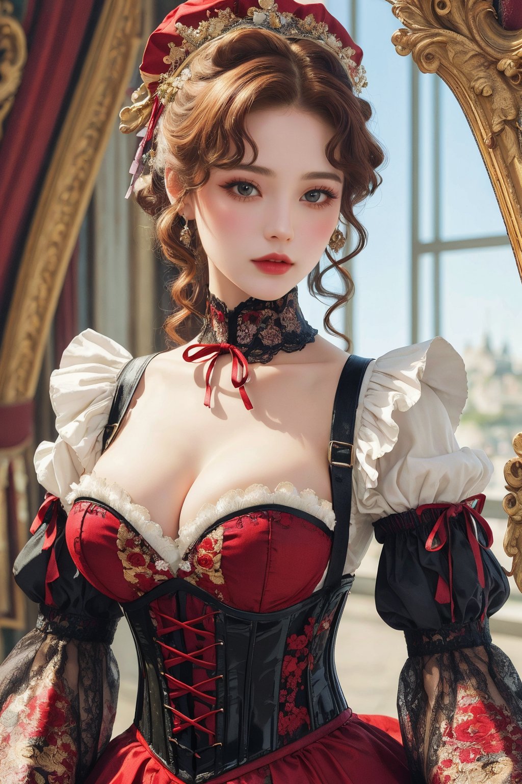 busty and sexy girl, 8k, masterpiece, ultra-realistic, best quality, high resolution, high definition, Lolita, maid, Victorian fashion, Rococo fashion, black corset with red ribbon lacing, White lace details on the sleeves, Puffed sleeves, headpiece adorned with flowers, ornate flower frame background, historical vibe, historical fashion with fantasy elements,lolita