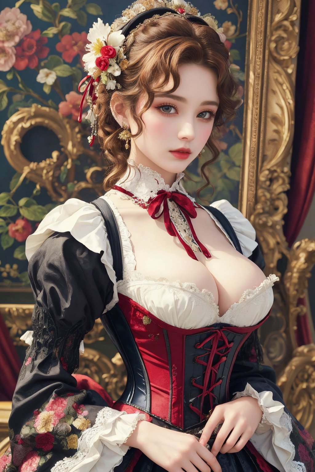 busty and sexy girl, 8k, masterpiece, ultra-realistic, best quality, high resolution, high definition, Lolita, maid, Victorian fashion, Rococo fashion, black corset with red ribbon lacing, White lace details on the sleeves, Puffed sleeves, headpiece adorned with flowers, ornate flower frame background, historical vibe, historical fashion with fantasy elements,lolita