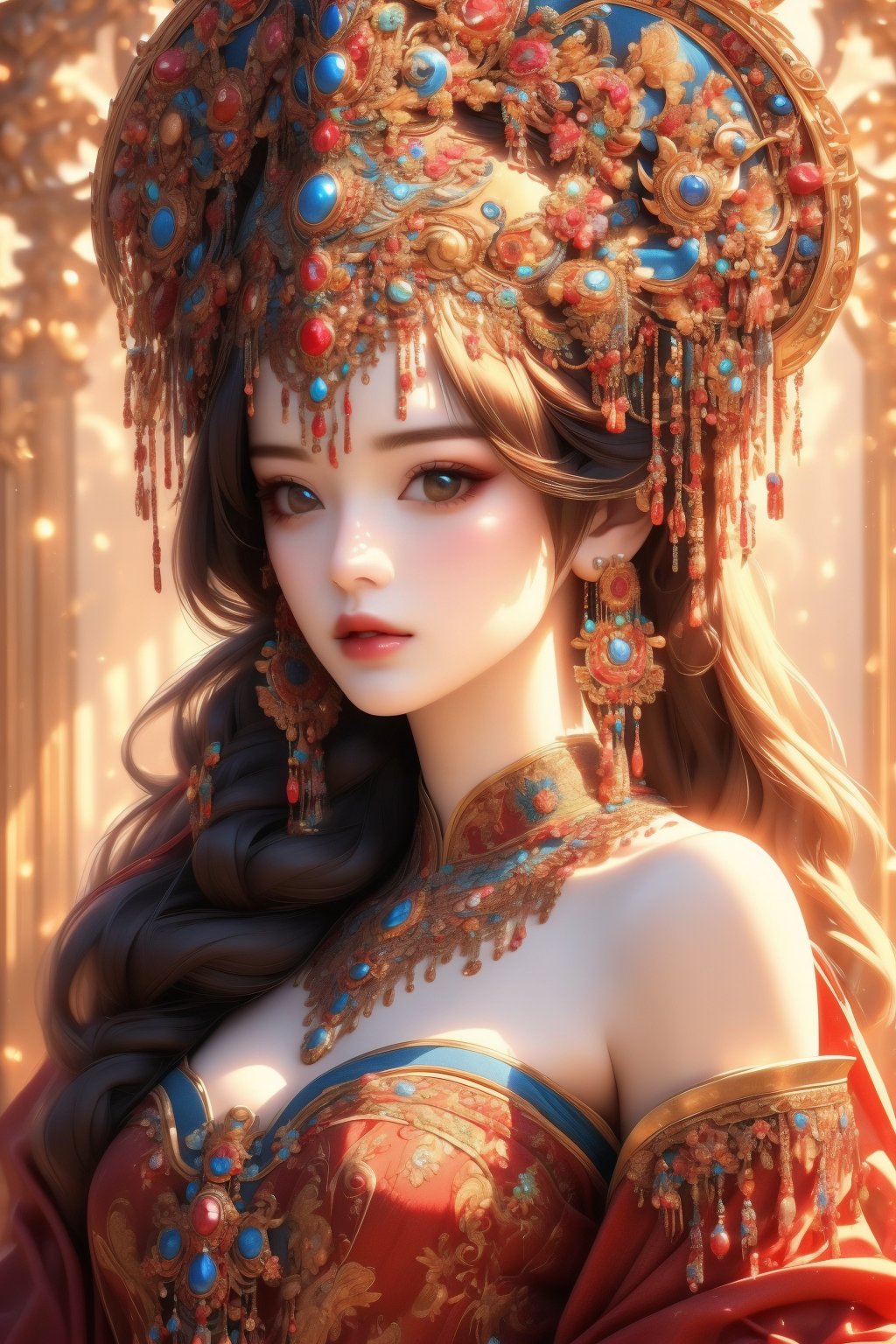 busty and sexy girl, 8k, masterpiece, ultra-realistic, best quality, high resolution, high definition, 1girl, solo, long hair, looking at viewer, black hair, hair ornament, dress, bare shoulders, brown eyes, jewelry, collarbone, upper body, braid, flower, multicolored hair, earrings, hair flower, necklace, lips, realistic